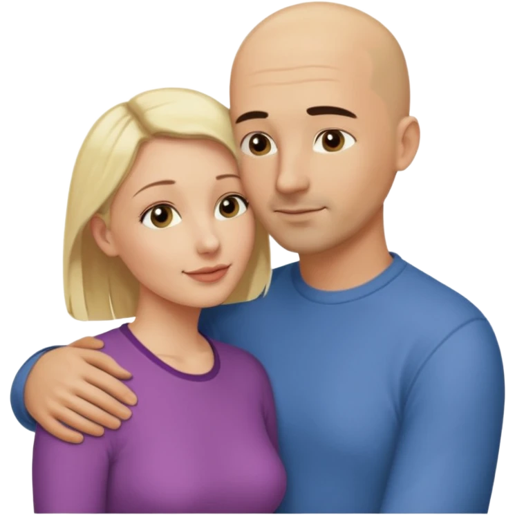 The image of a couple in their thirties tenderly embracing. In casual attire. He is bald, with a few days' black stubble. She is a head shorter than him, and blonde. They embrace in a loving embrace, facing each other. emoji