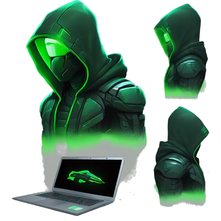 Side view developer behind his laptop with this style : crysis Cyberpunk Valorant neon glowing bright green character green black hooded assassin themed character emoji
