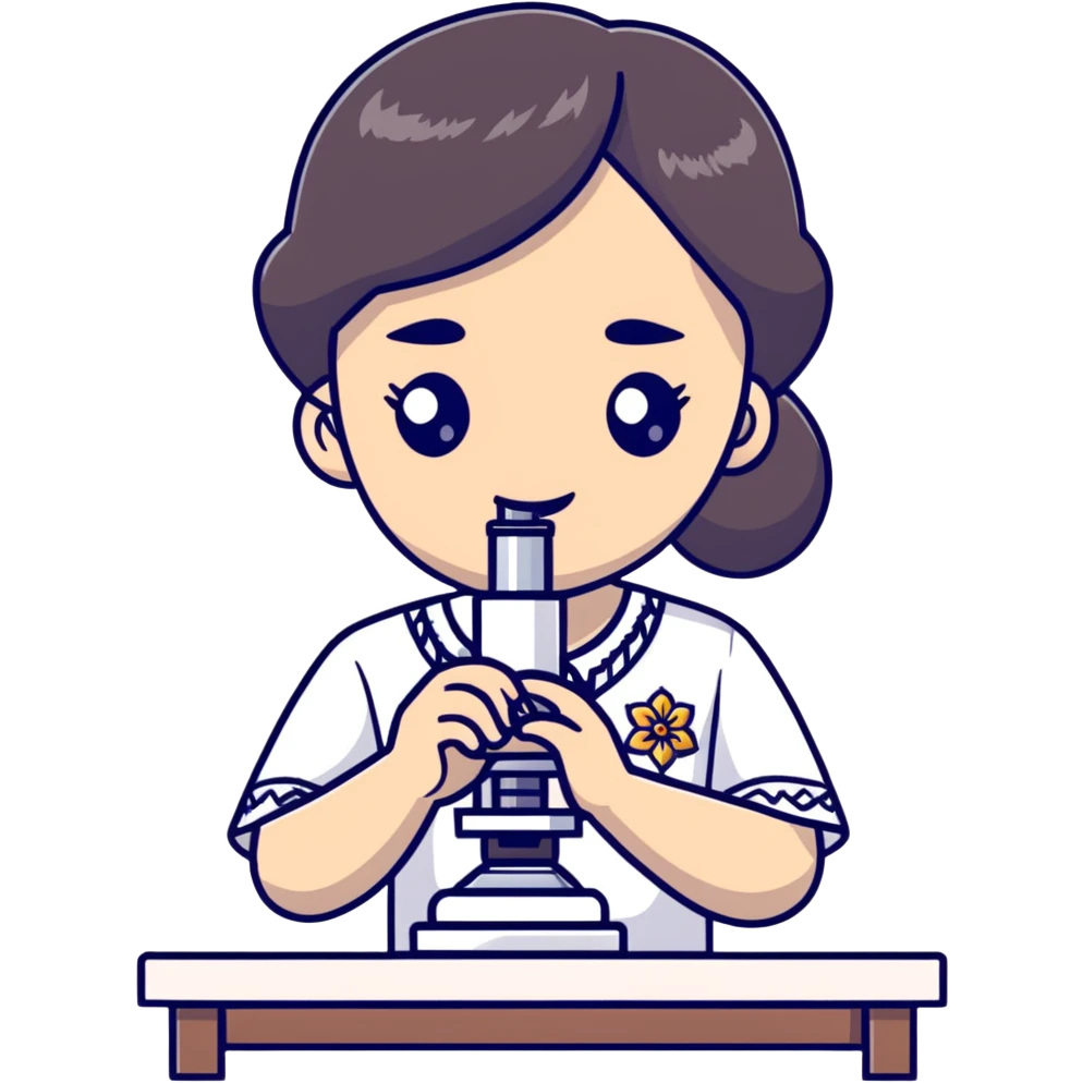 Ukrainian girl with dark hair in traditional embroidered shirt holding a microscope emoji
