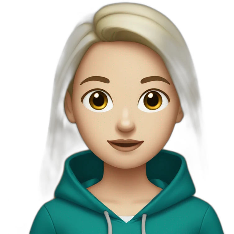 White Girl with darkbrown hair and blue eyes wearing darkgreen Hoodie emoji