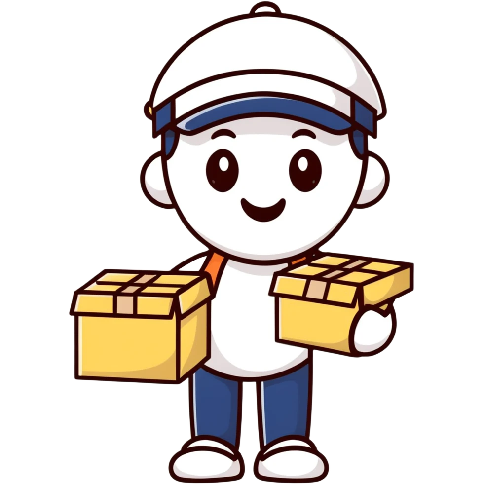 A cheerful character with delivery boxes and a clipboard, representing a reliable supplier emoji