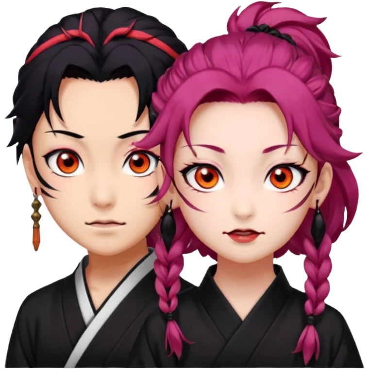 tanjiro: Kind red eyes, black hair with burgundy tips, forehead scar, tanned skin, Hanafuda earrings.                             nezuko:   Pink eyes, black-orange hair, fangs, bamboo muzzle. emoji