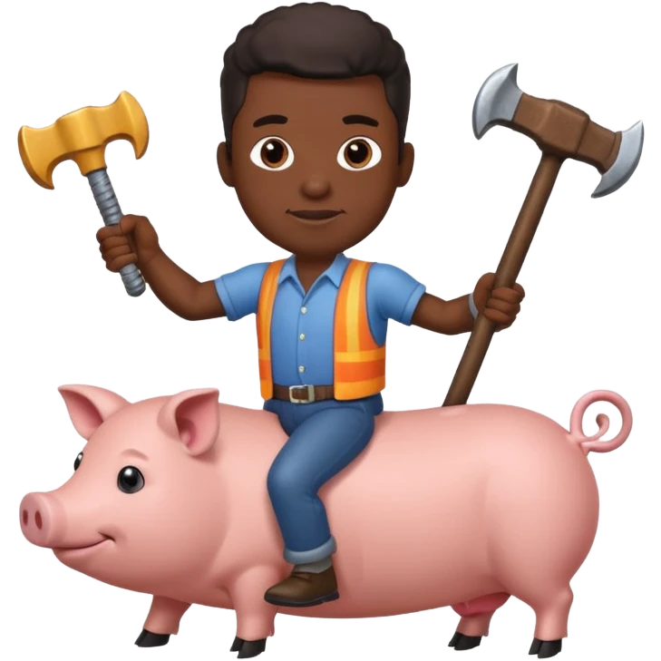 Black man holding a large hammer while riding a pig emoji