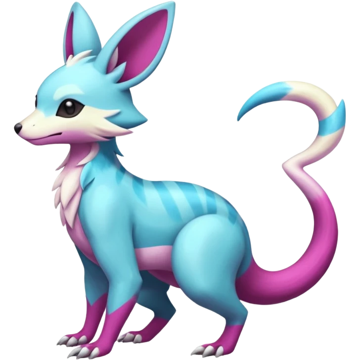 realistic Shiny smooth silky soft Cyan-Yellowish-Magenta Minccino-Zeraora-Emolga-Vernid-Sergal-fusion-hybrid-animal-creature, full body emoji