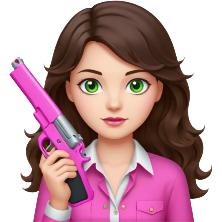 brunette girl with long wavy hair and green eyes and white and pink shirt holding a hot pink gun emoji
