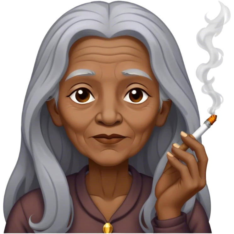 Old woman with very long gray hair smoking a joint emoji