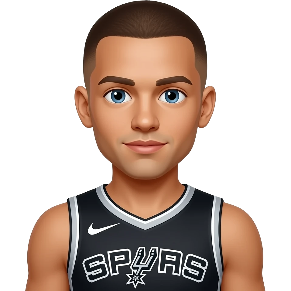Victor Wembanyama avec un maillot des spurs, il est européen et a la peau blanche, il est jeune et a une buzz cut avec un dégradé très bas emoji