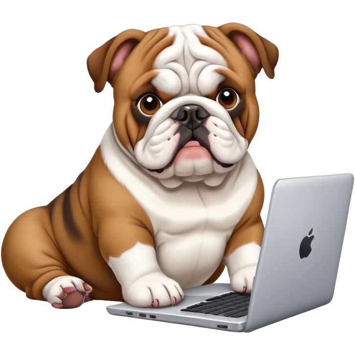 English bulldog sitting with a laptop emoji