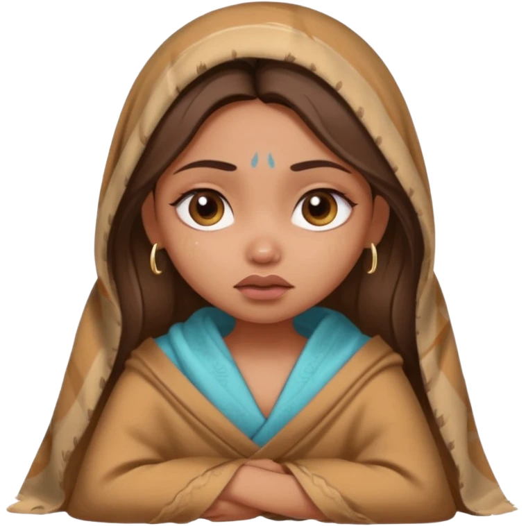 a pretty bratz fair indian girl wearing a brown pajamas and blnaket, dark circles, crying emoji