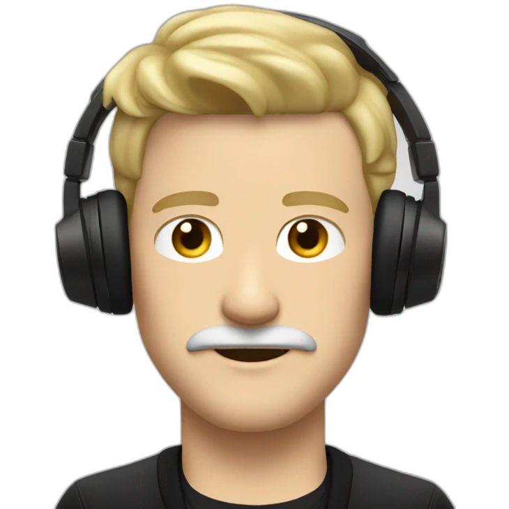ADULT WHITE MAN BLONDE HAIR AND BLONDE MUSTACHE USING A BLACK JACKET AND A HEADPHONE WITH A NEUTRAL FACE emoji