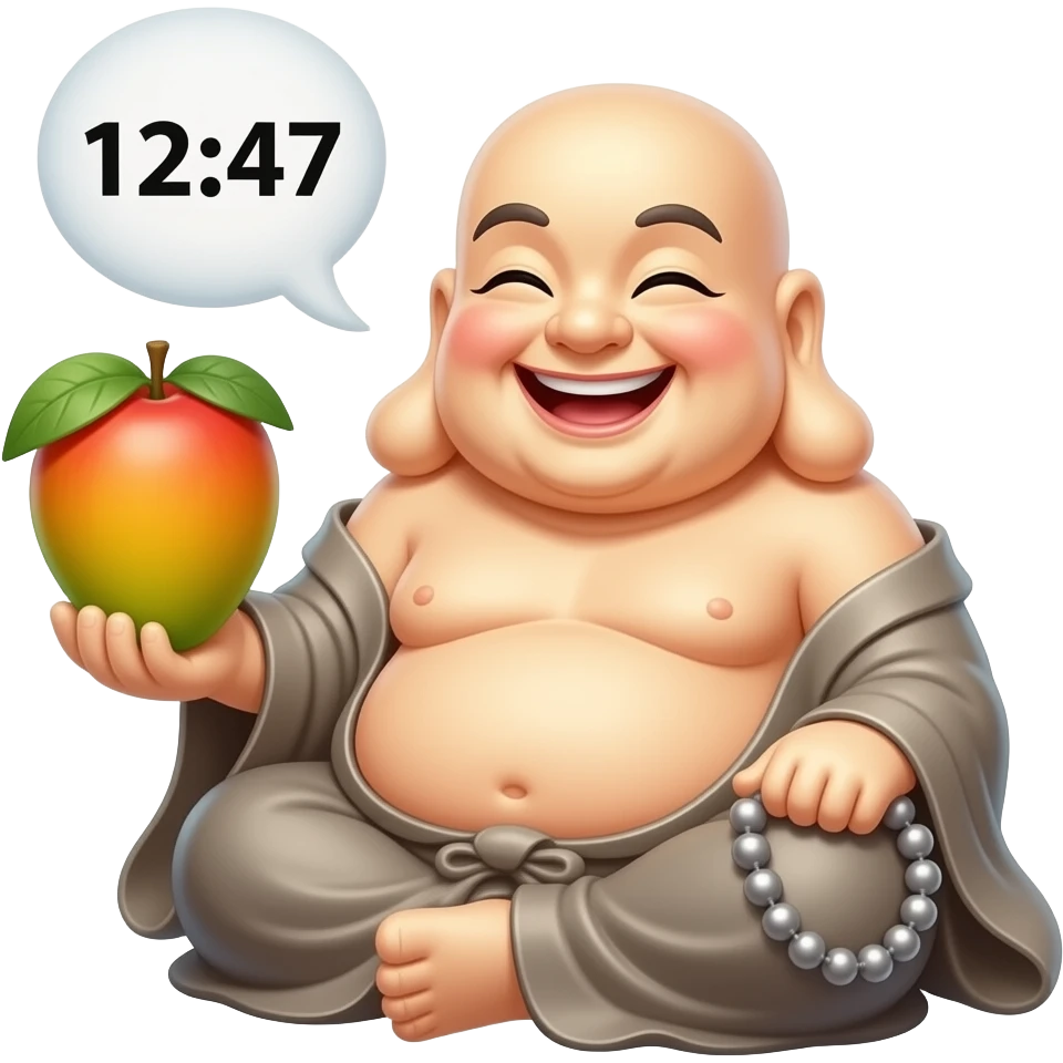 Laughing Buddha holding a mango saying 12:47 emoji