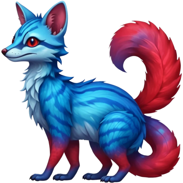 Feral Rare Fantasy  vibrant cyan-cobalt-blue-to-crimson-red gradient-colored iridescent glossy fur Vernid-Sergal-Genet-Trico-species by LiLaiRa, random markings, tufted tail, tufted ears, full body emoji