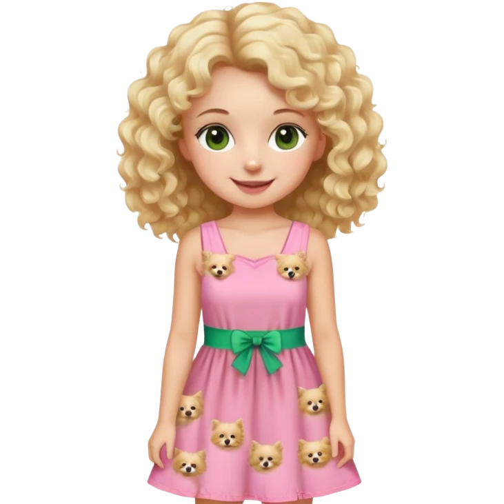 smiling girl with blonde curly hair and brown/Green eyes in a pink summer dress with A Blond Pomerania  emoji