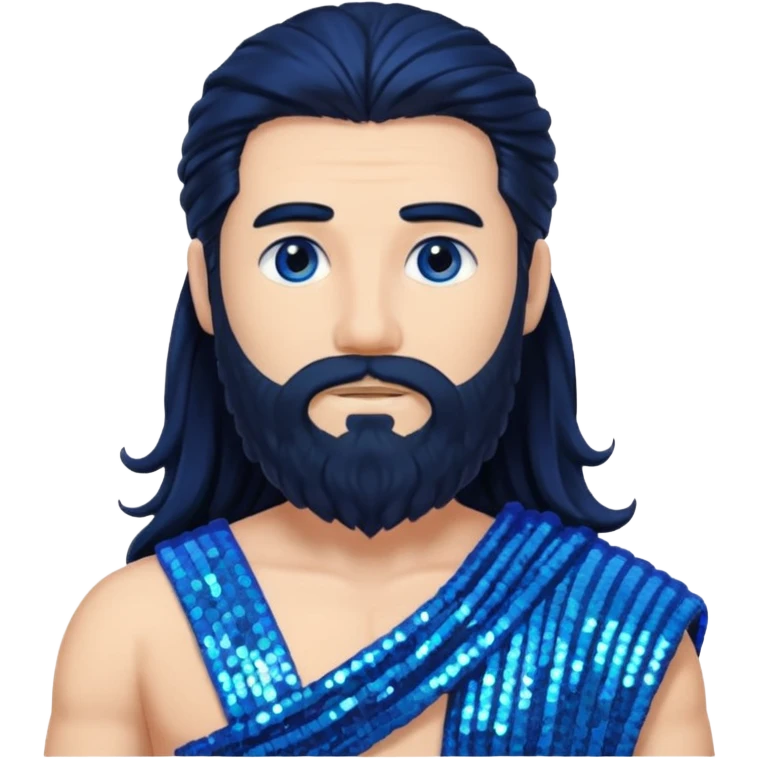 Neptune from Roman Deities with long black hair and beard, blue sequin toga emoji