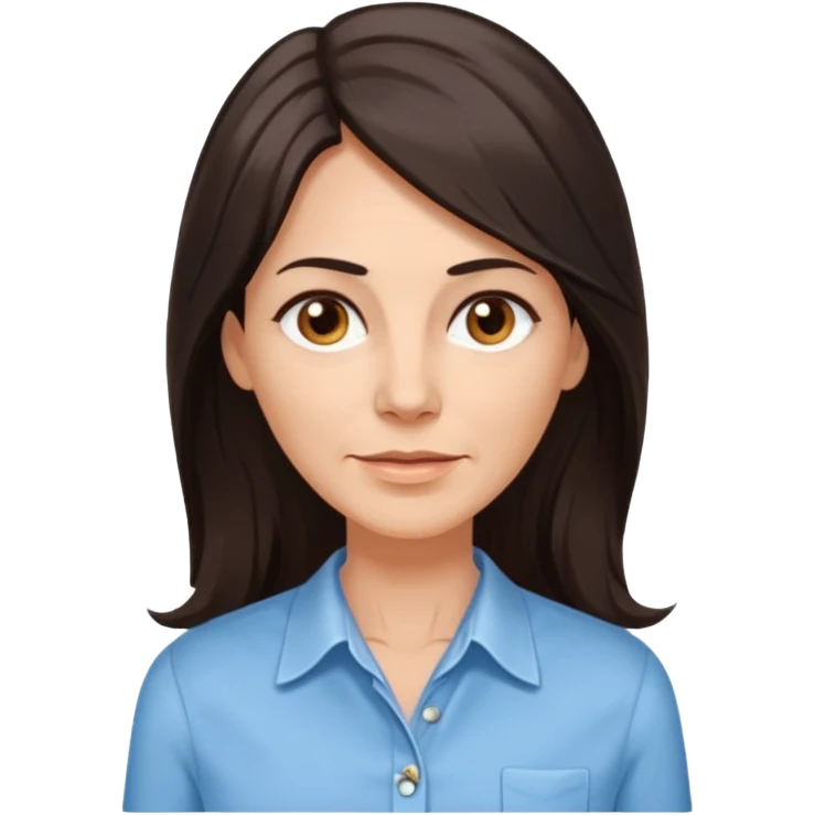 vit 50-årig kvinna med jättelångt mörkbrunt hår med vita slingor bruna ögon ljusblå skjorta med översta knappen uppknäppt emoji