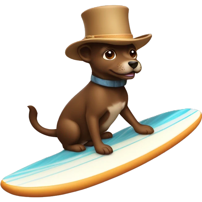 Brown chihahau riding surfboard with tophat emoji