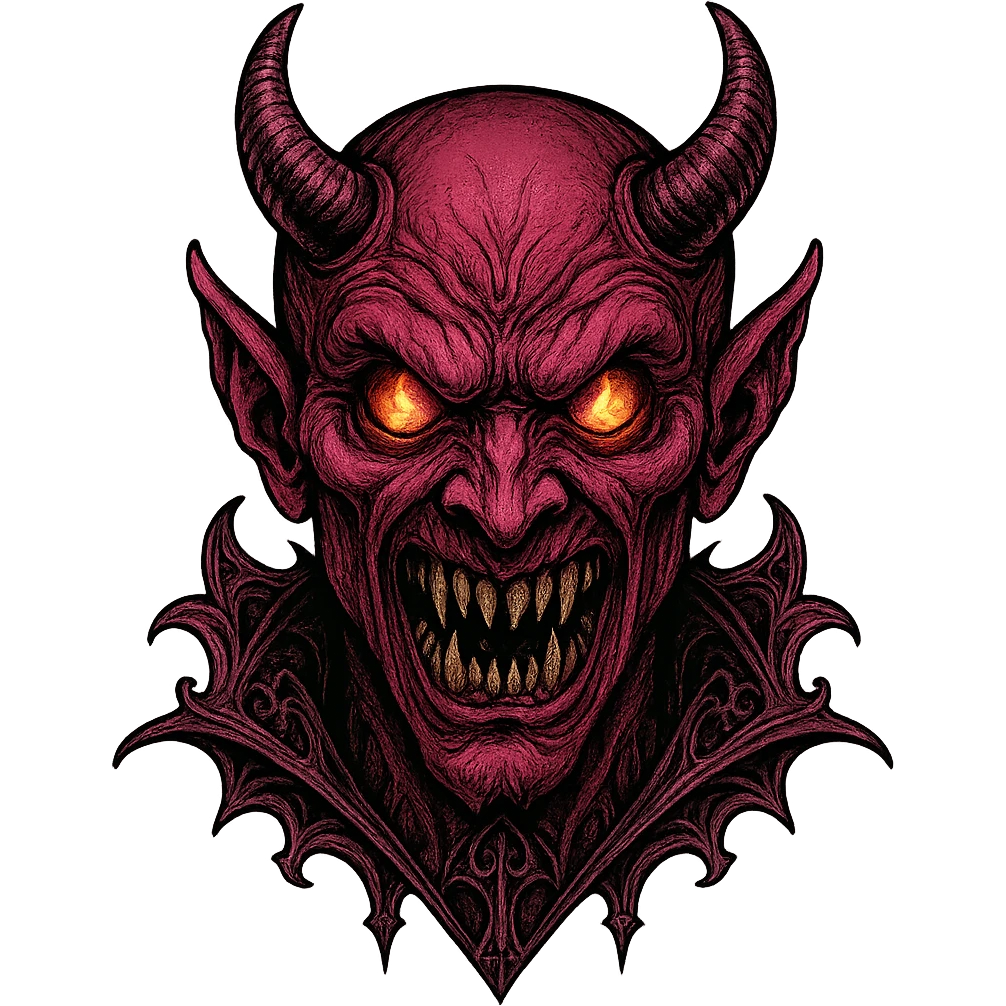 scary pink devil with fiery eyes, sharp teeth, pink skin, gothic details emoji
