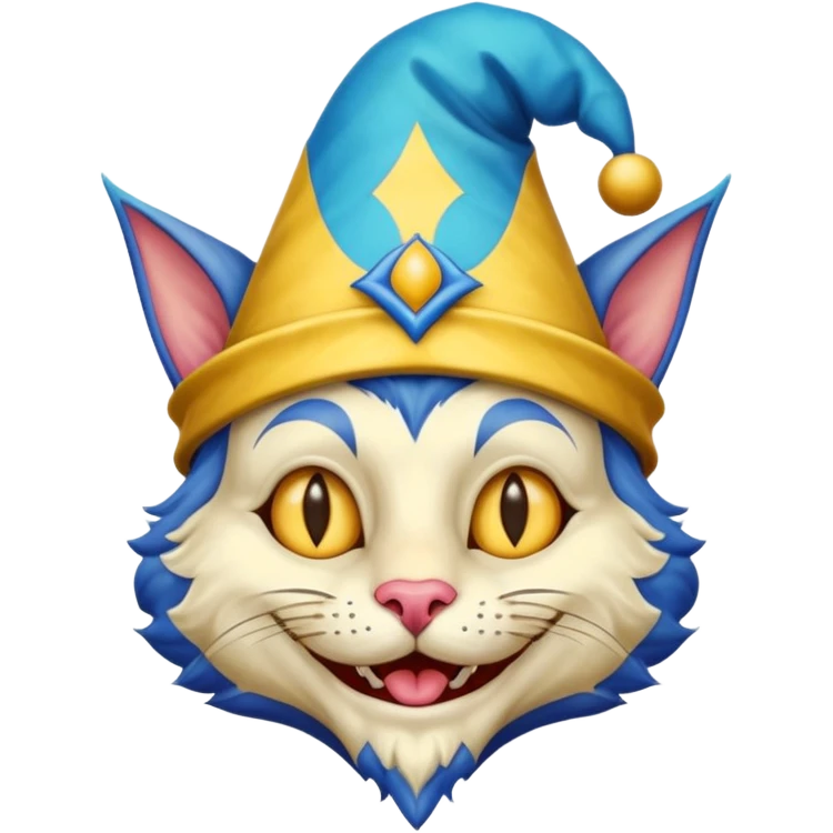crazy funny colorful cat jolly joker, medieval, vintage, court jester, mac os icon, blue color emoji