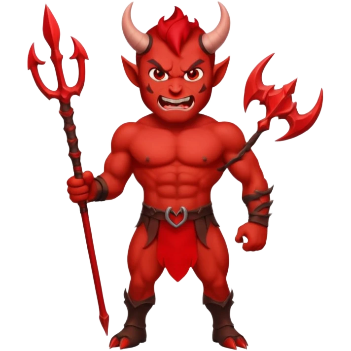 Emoji-style devil: red skin, horns, muscular body, red trident, angry face, emoji