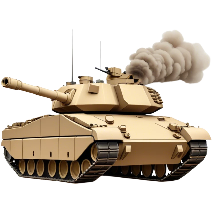 M1 Abrams (2022) – Cinematic-realistic M1 Abrams tank, its imposing desert-tan frame rolling across a war-torn battlefield. The massive 120mm smoothbore cannon swings into position, its engine roaring as it crushes debris under its heavy treads, dust and smoke swirling in the fiery glow of distant explosions. emoji
