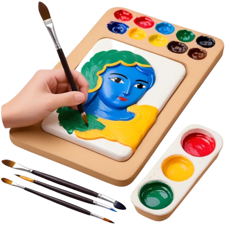 Lacquer miniature making on papier-mâché icon, small painted scene in progress on papier-mâché surface, fine brush strokes, vibrant colors, paintbrush, palette, tools, minimalistic style, clean lines, transparent background. emoji