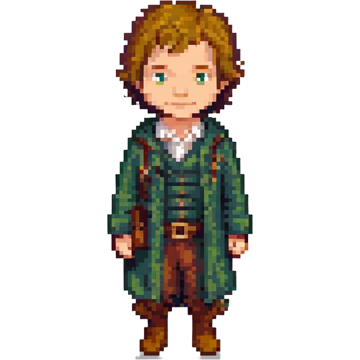 Whole body image of bilbo baggins from the hobbit movie in pixel art style. Bilbo is younger. Make Bilbo look like the actor that portrayed him in the movie, Martin Freeman. Bilbo is wearing the same outfit he was wearing when he left the shire with Thorin Oakenshield. emoji