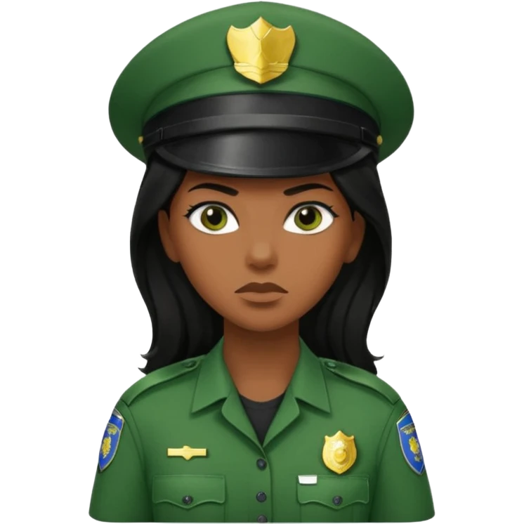 Female POLICE IN green, long black hair, brown skin emoji