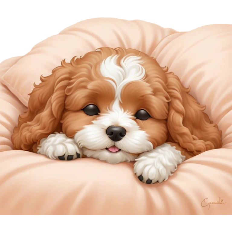 Cinematic Meme-Worthy cute Sleeping Cavoodle Portrait Emoji, Head resting peacefully with a contented smile, showcasing a delightfully cute build and a luxuriously soft, curly apricot coat with gentle white accents, eyes shut in a serene nap, Simplified yet hilariously adorable features, highly detailed, glowing with a soft, drowsy light, high shine, relaxed and utterly lovable, stylized with an air of playful laziness, bright and heartwarming, soft glowing outline, capturing the essence of a comically sleepy Cavoodle, so meme-worthy it feels like it could instantly become the next viral sensation of adorable slumber! emoji
