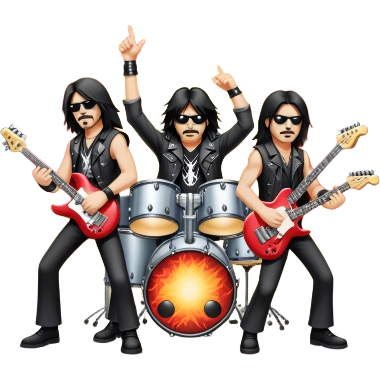 Icon for Heavy Metal Music: 4 men band on stage with electric guitars, drums and intense lighting. 3 guitarists and 1 drummer, surrounded by energy and stage effects, capturing the power and intensity of a metal concert. Transparent background. emoji