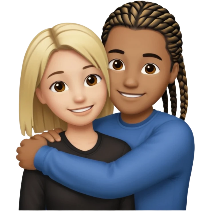 dirty blonde girl with straight hair and medium toned guy with black cornrows hair hugging emoji