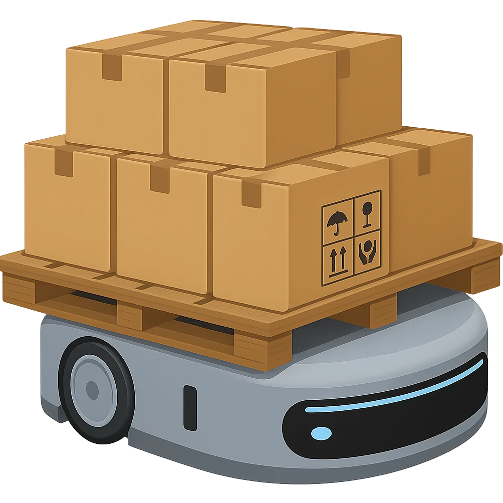 Change the Automated Guided Vehicle (AGV) color from orange to blue or gray. The palette should be fully loaded with many cartons, significantly fuller than the original image. The style should resemble Apple emoji style with a transparent background. emoji