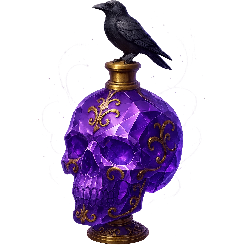crystal, luxurious skull-shaped elixir bottle, violet, lots of glowing, facets, ornaments, golden details, magical effects, very small golden neck, transparent background, beautiful connected base, clearly floating in the air, no base or shadow, small crow on top, premium class, matching the collection emoji