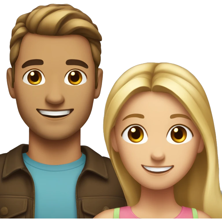 Woman and man smiling, woman has straight Brown hair in a ponytail, slightly sunkissed skin, man has blonde long hair which are in a ponytail, slightly sunkissed skin emoji