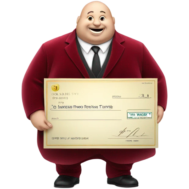 fat guy in dark red velvet suit holding cheque emoji