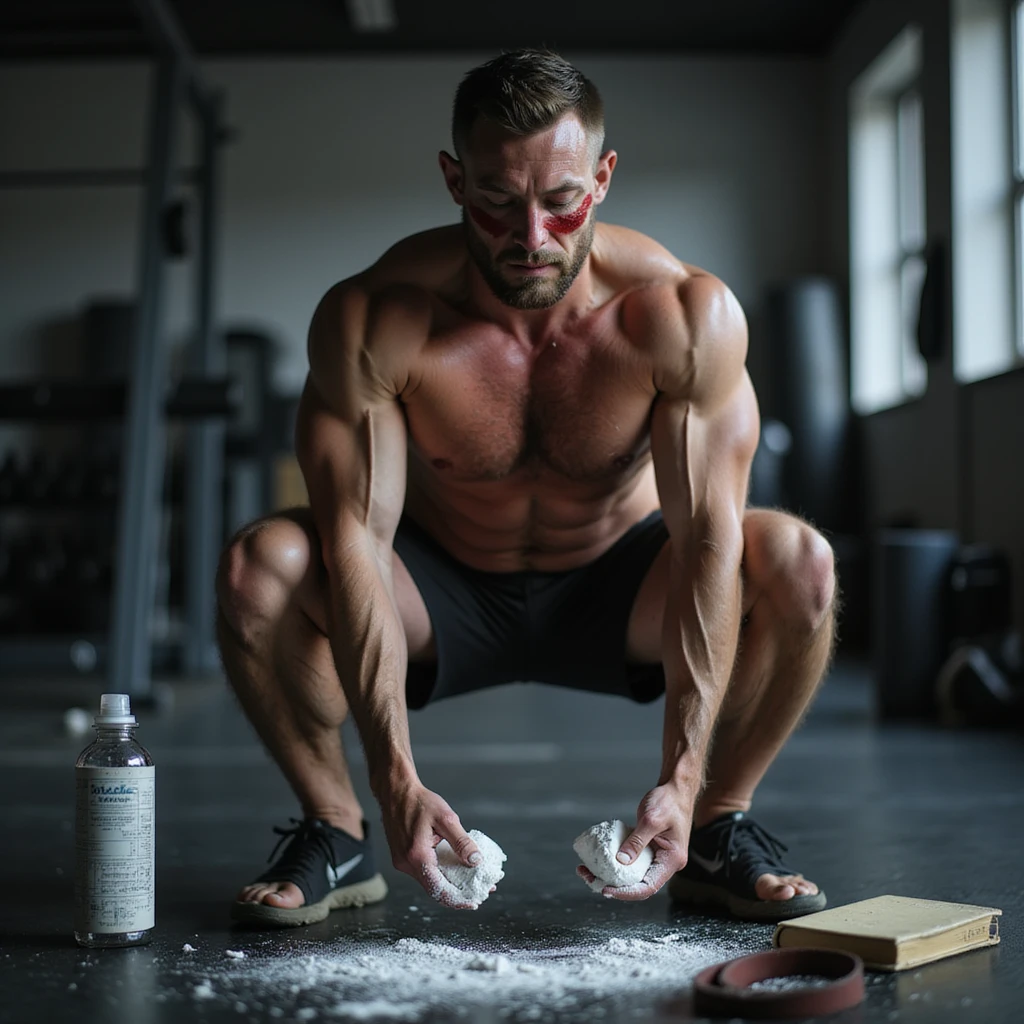 30-year-old muscular man, sweaty, performing heavy squat in gym, hands with chalk, training diary nearby, dark circles and redness on joints, water bottle, magnesium, belt on floor, blurred real gym background, cold lighting, cinematic realism style emoji
