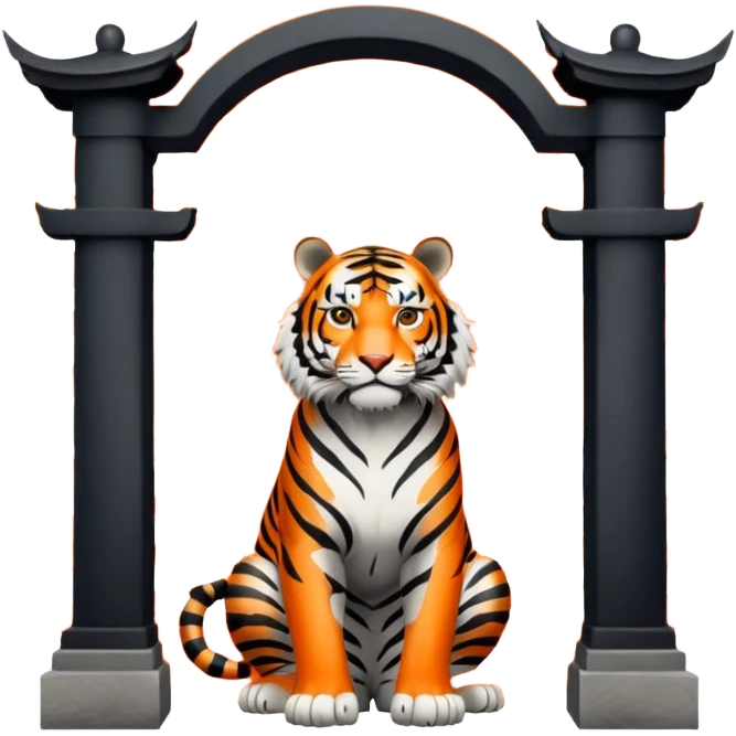 Traditional Chinese ink painting style emoji. A powerful tiger (like the ancient character 虎), standing guard in front of mystical gates (門). Energy swirls around him like a vortex (🌀). Minimalist, transparent background, 512x512 pixels. emoji