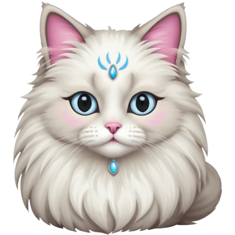 Neva masquerade cat, very fluffy, gray and white, with pale blue eyes and pink nose emoji