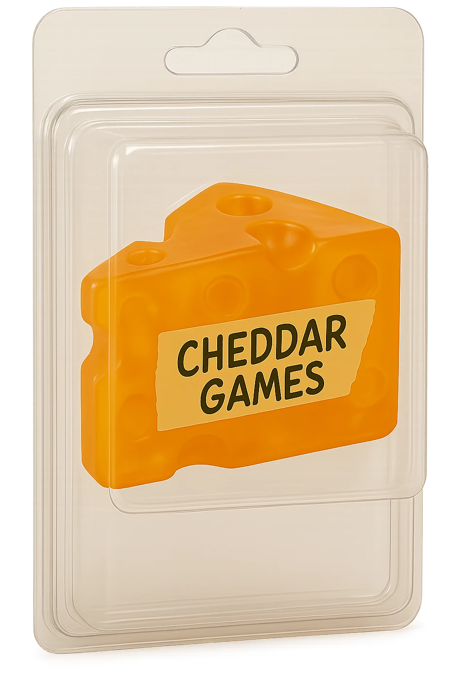 Create a realistic plastic packaging for a retail toy or collectible product containing a clear orange cheddar cheese block labeled 'Cheddar Games'. The packaging should look like a retail toy or collectible box with transparent plastic, no background, and showcase the cheese block clearly inside the packaging. emoji