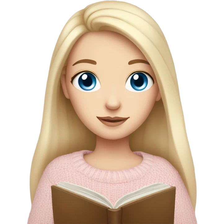 Pretty blue eyed white girl with light pink sweater reading cozy emoji