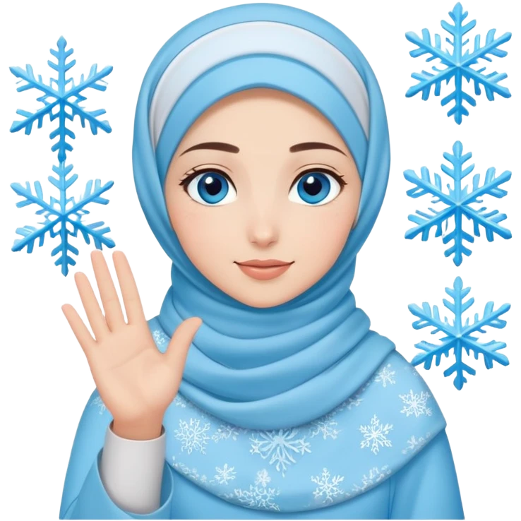 Turkish beautiful finish Konya girl blue eyes with light blue winter design hijab islamic dress and had on her hand snowflakes and she wave one's hand emoji