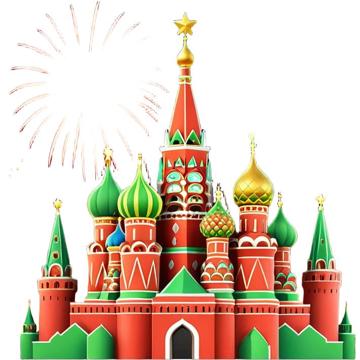 Apple style 3D emoji of New Year fireworks over Moscow. Vibrant multi-colored sparkling bursts (red, gold, green) in the sky. Below, a simplified glossy 3D silhouette of the Kremlin towers with glowing red stars. 
 emoji