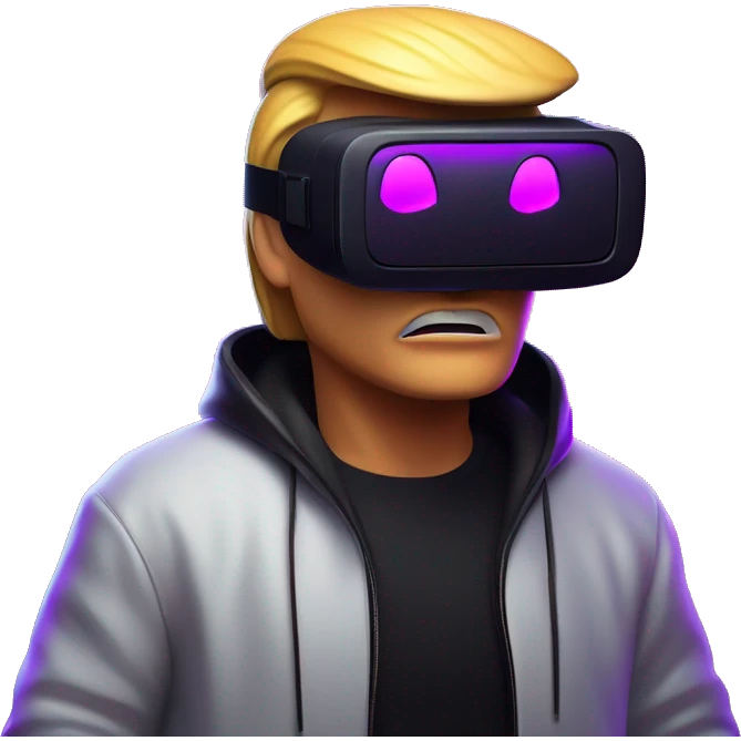Donald Trump wearing a black hoodie with "OMG" letters on it and VR headset oculus quest 2 in a cyberpunk VR environment with violet neon lighting. emoji