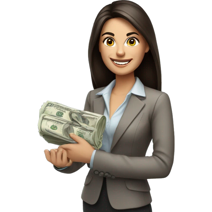 brunette business woman with money in her hand, smiling emoji