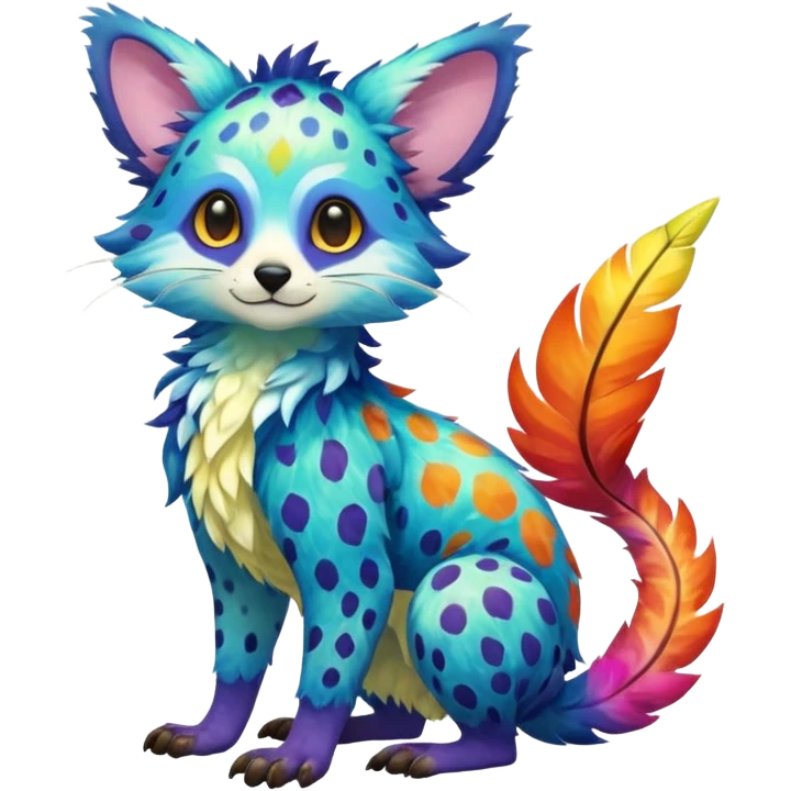 Colorful tropical exotic shiny beautiful fantasy-Trico-Cacomistle-oncilla-animal-Fakémon-hybrid-fursona (full body) emoji