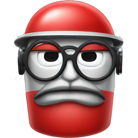a robot with a mustache and glasses, and a red cap with written on the cap "100% human" emoji
