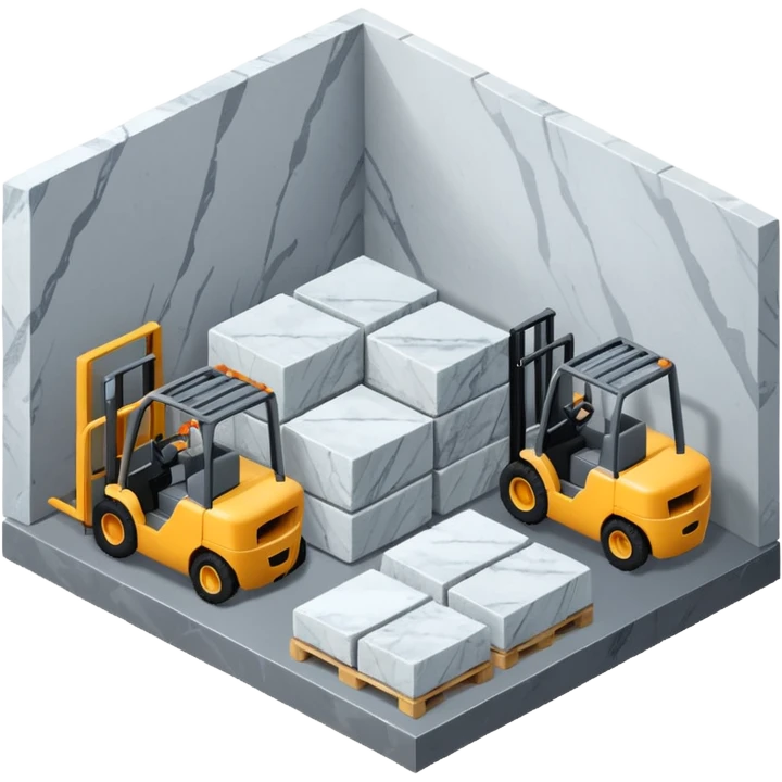 warehouse and slabs of amrble stone  isometric view from th outsideeslabs, forklifts, no vehicles no robots emoji