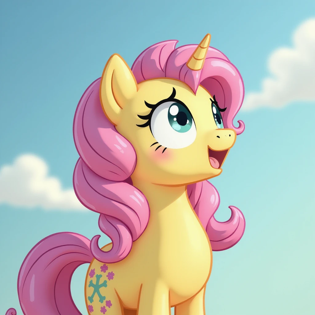 Fluttershy in a realistic style, looking up at the sky, transparent background emoji