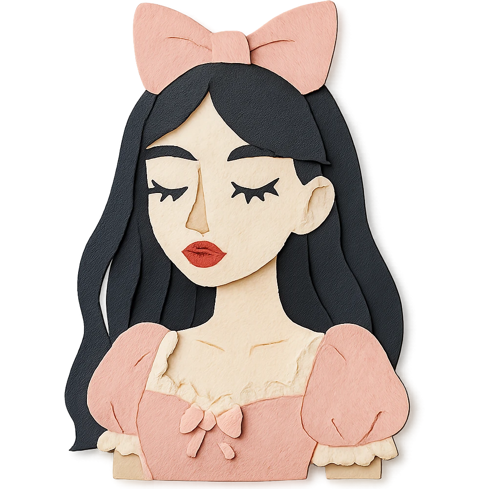 paper craft style illustration of a pale girl with long dark hair, pointy tip nose, full lips, long lashes, v-shaped jaw, in a light pink coquette outfit with lace details emoji