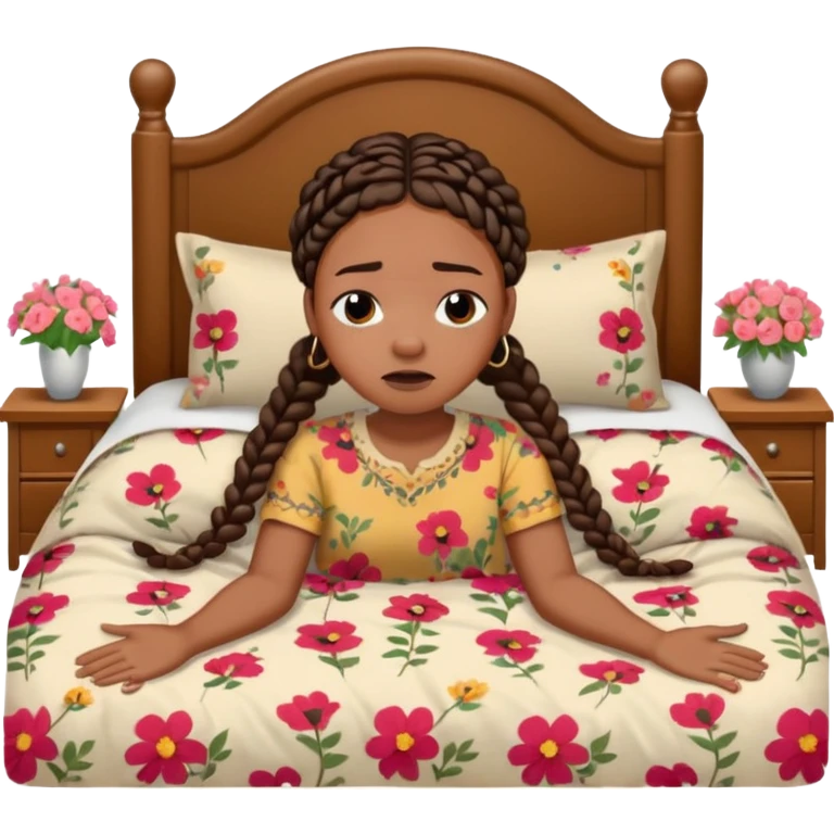 Black woman with braids in a big king size bed by herself crying emoji