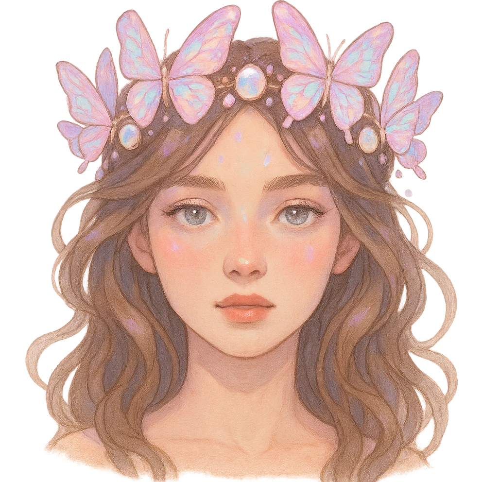 Change the butterfly crown to opal pink with iridescent butterflies and moonstone gems, magical and dreamy. Keep the background transparent. emoji